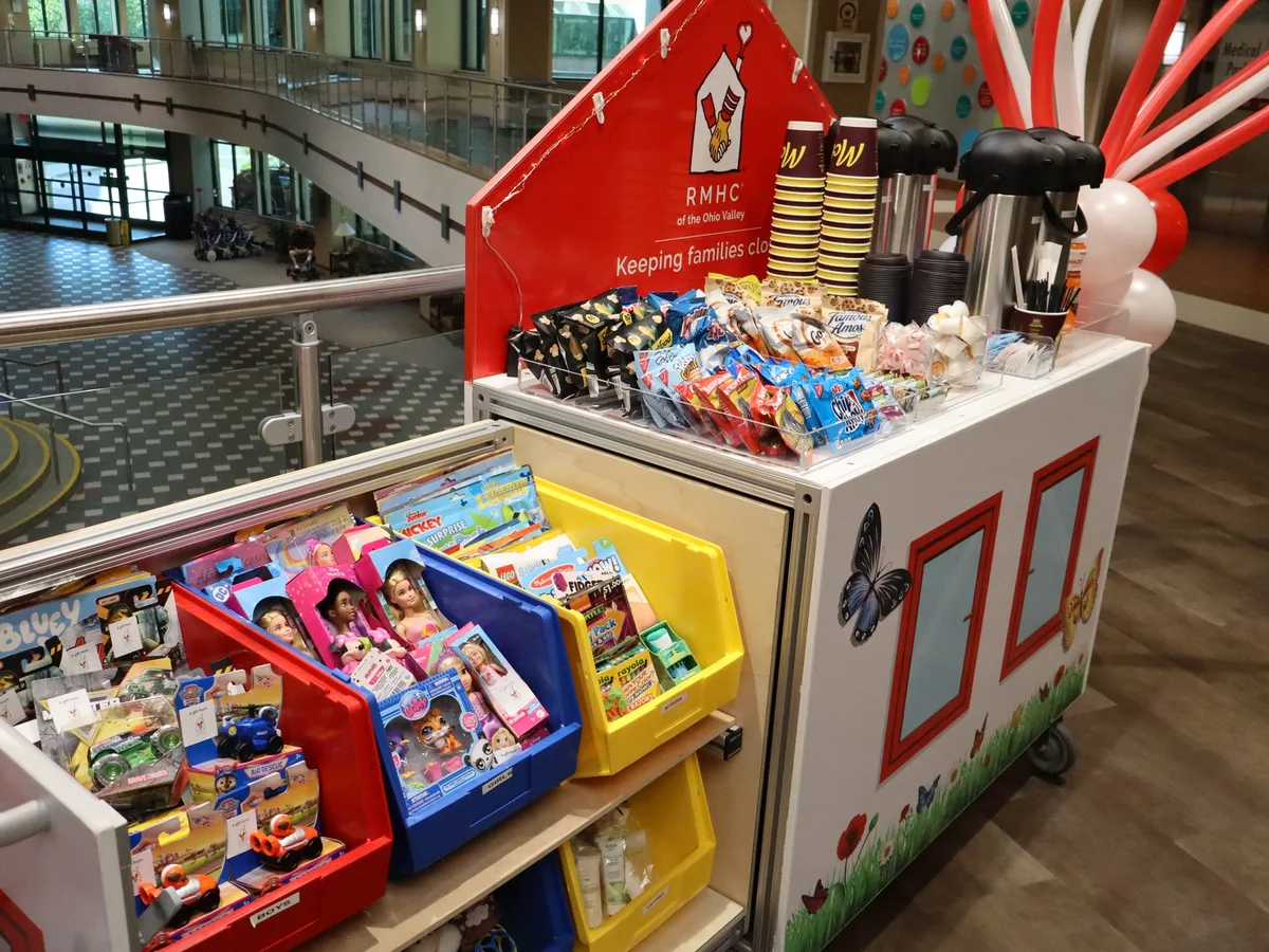 Care Cart stocked with snacks, drinks, toys, and activities.