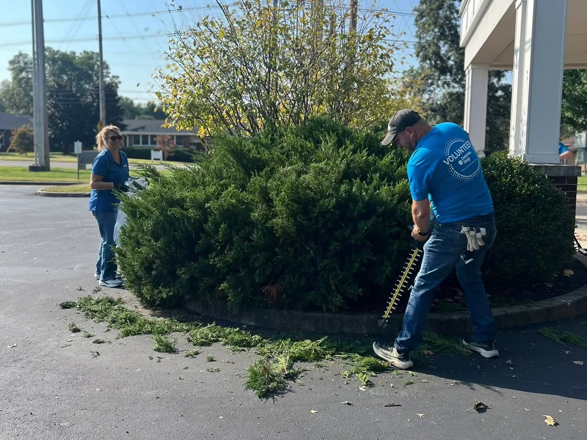 Volunteers trimming shrubs outside the House.