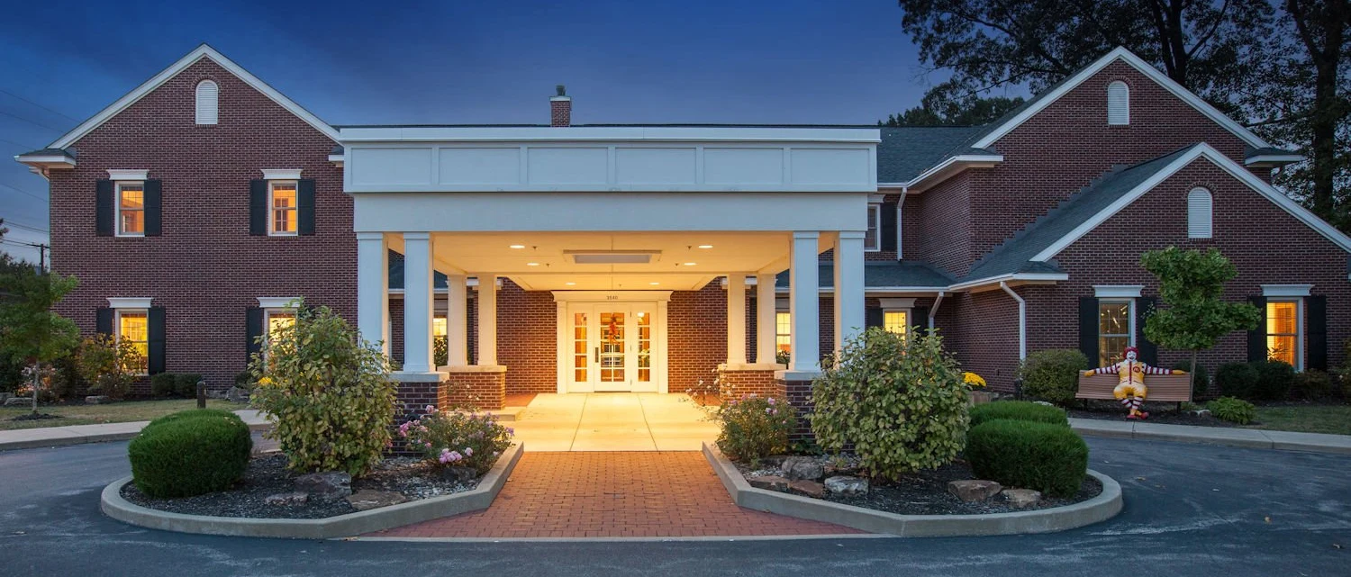 Washington House entrance in Evansville at dusk.